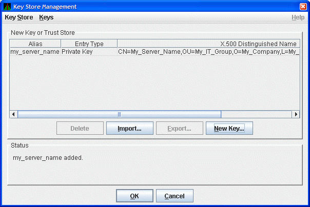 Key Store Management Dialog Box with One Entry