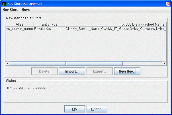 Key Store Management Dialog Box with One Entry