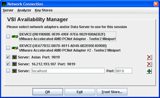 Network Connection Dialog Box with Two Data Server Entries