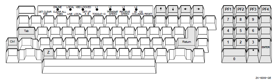 VSI COBOL Control Keys on the Standard VT100 Keypad and Keyboard