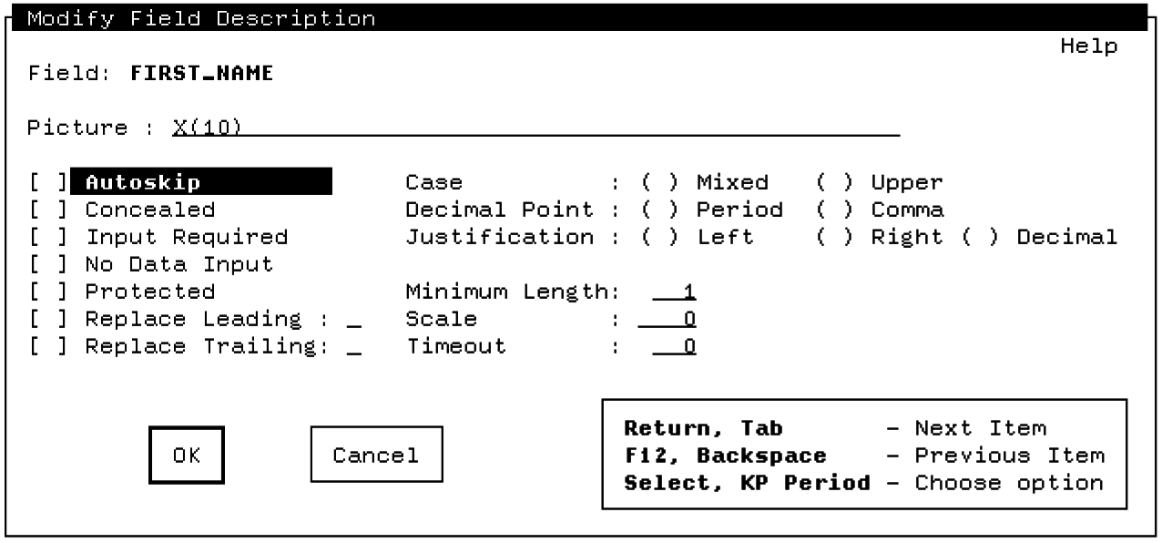 Panel Editor Field Description Panel