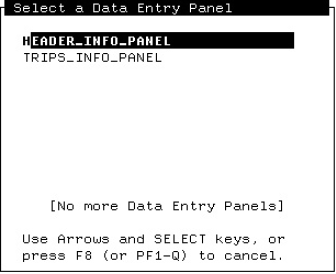 FDE Select a Data Entry Panel Menu