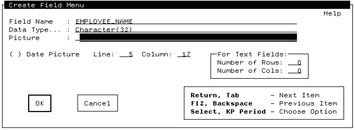 CCPED Create Field Menu