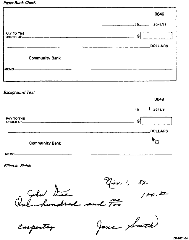 Background Text and Fields in а Bank Check Fields