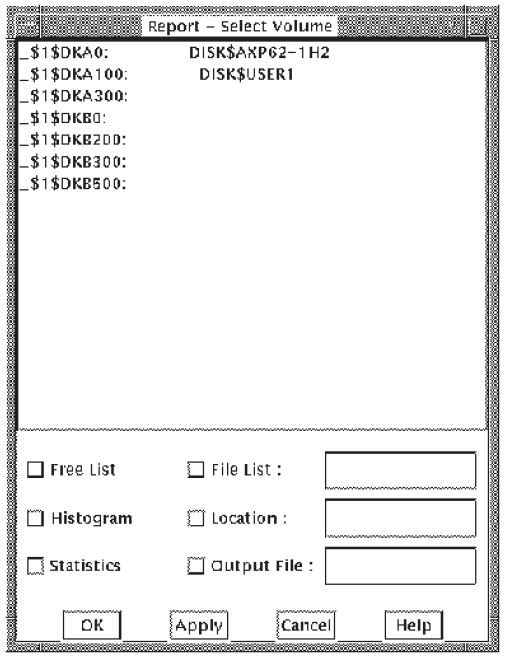 The Report Volume Selection Dialog Box