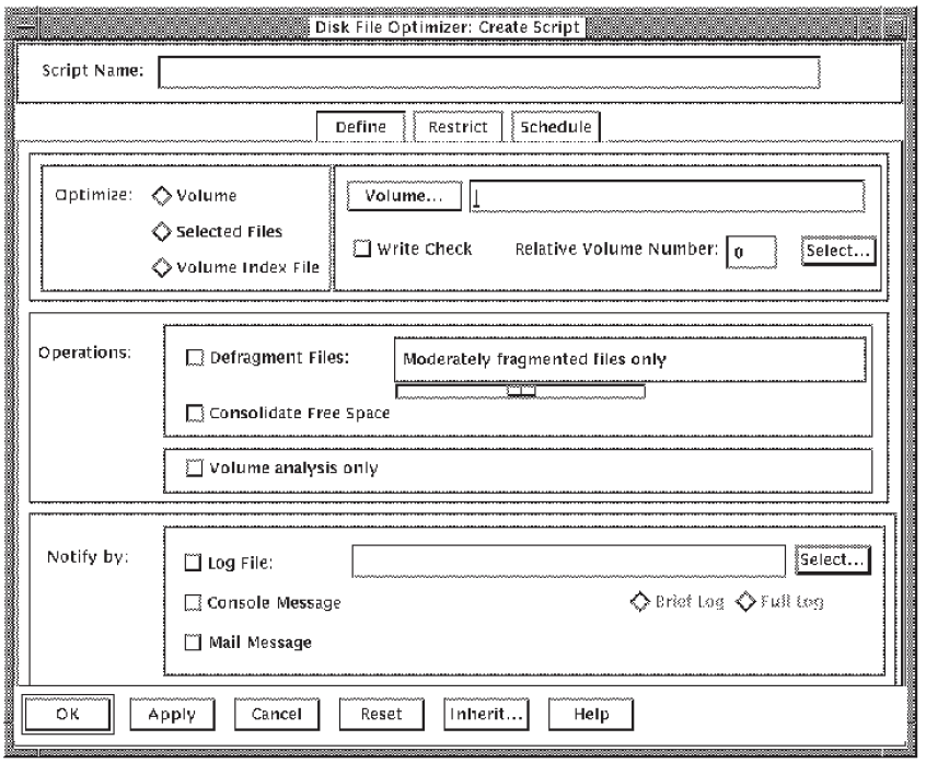 Script Define Dialog Box for a Volume