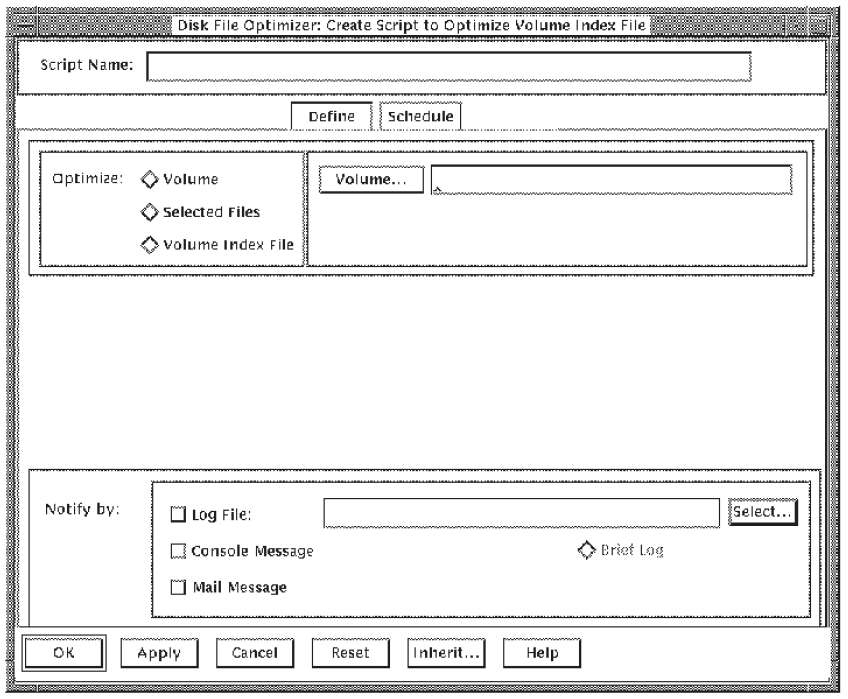 Script Define Dialog Box for a Volume Index File