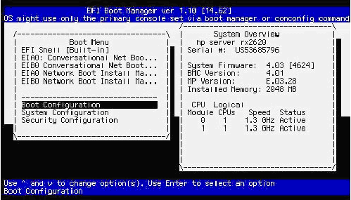Boot Manager: Selecting the Boot Configuration menu