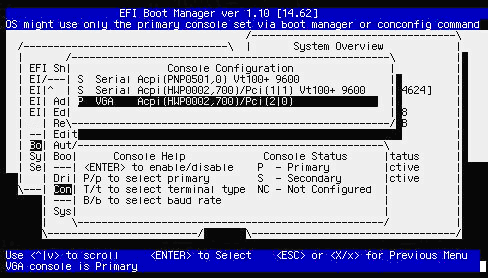 Boot Manager: Configuring the selected device as the Primary console