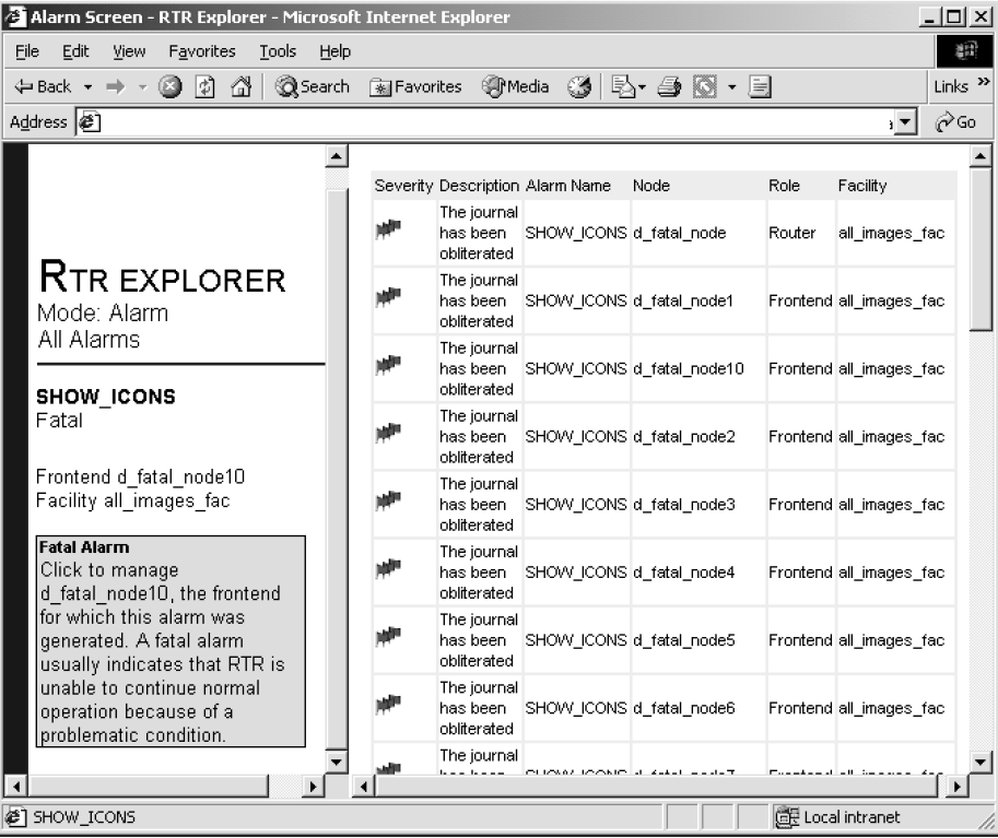 RTR Explorer - Alarm Screen